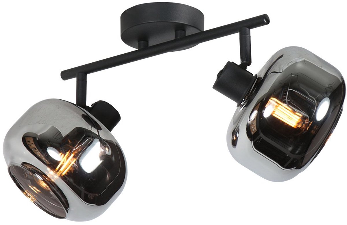 Zwarte Plafondspot 2-Lichts Tenebris 4209ZW van Mexlite – Tijdloos design met kantelbare smoke glazen, breedte 33 cm en diepte 12 cm, geschikt voor binnen gebruik
