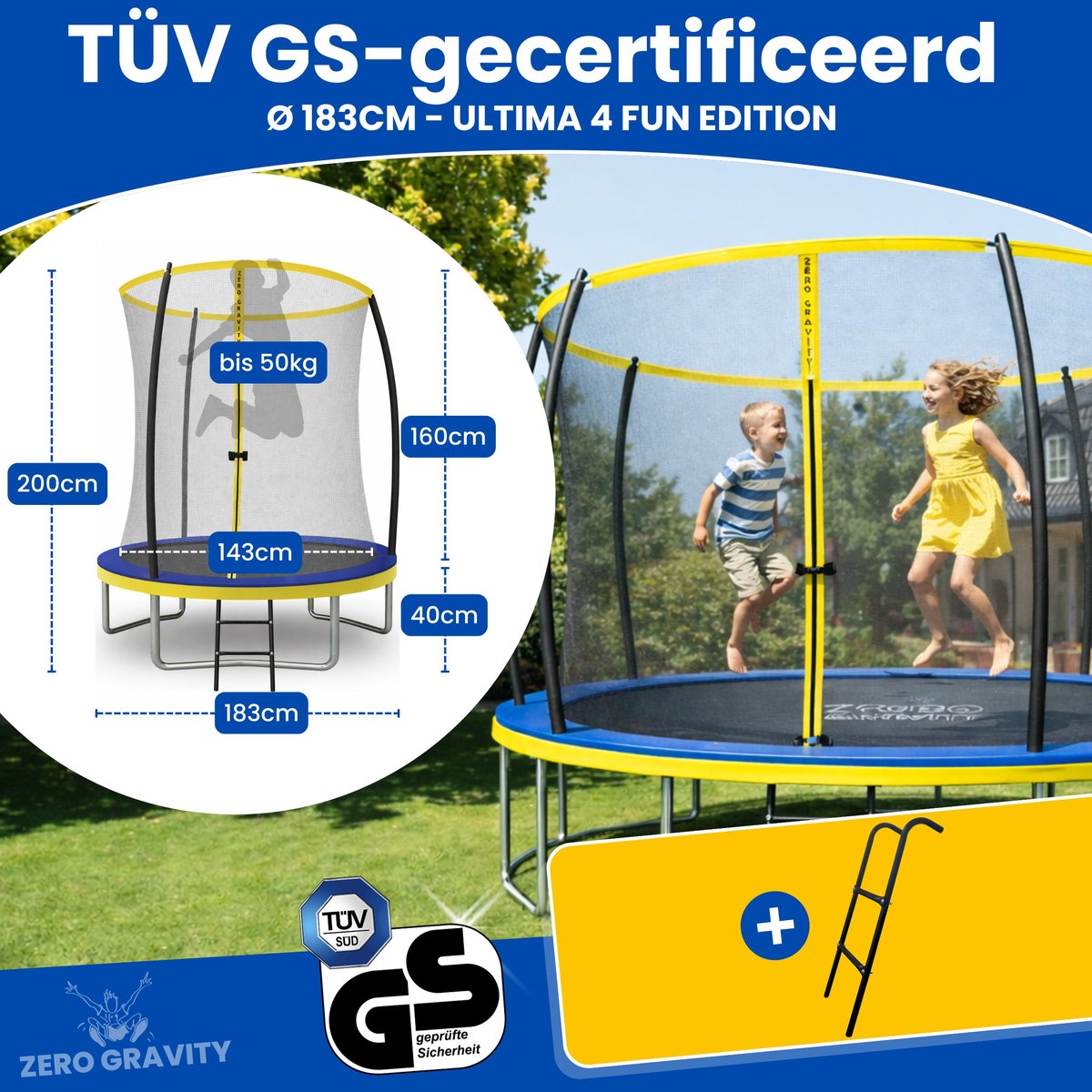 Zero Gravity trampoline Ø 183 cm – kindertrampoline met slim opvouwbaar veiligheidsnet – incl. ladder – max. 50 kg - ronde tuintrampoline - Ultima 4 Fun Edition — afbeelding 5