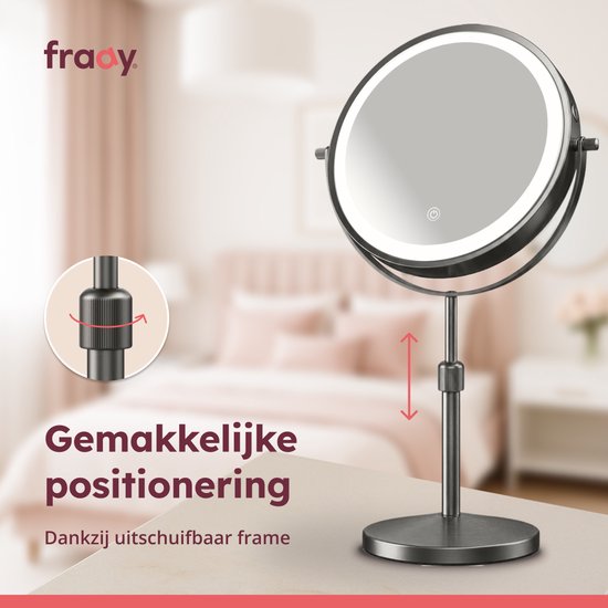 Fraay make-up spiegel met LED verlichting, in hoogte verstelbaar voor gemakkelijke positionering.