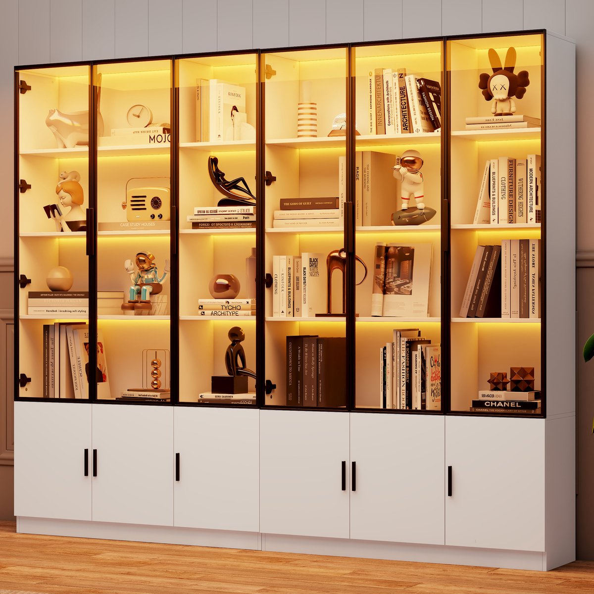 240x32x200 cm glazen vitrinekast met LED-verlichting - staande vitrine met 12 kastdeuren - woonkamerkast - hoge kast - wit