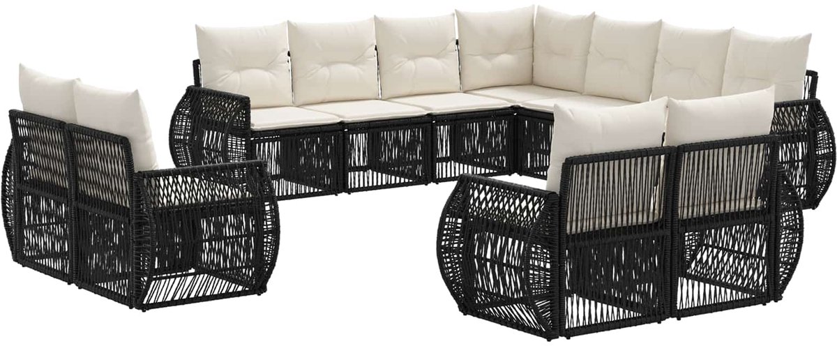 vidaXL - Tuinbank - Set - 11 - pcs - Zwart - en - Crème - Wit - poly - rattan