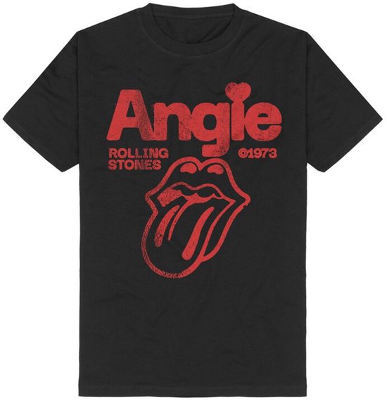 Zwart Rolling Stones t-shirt met de tekst "Angie", "Rolling Stones", "1973" en het iconische tonglogo.