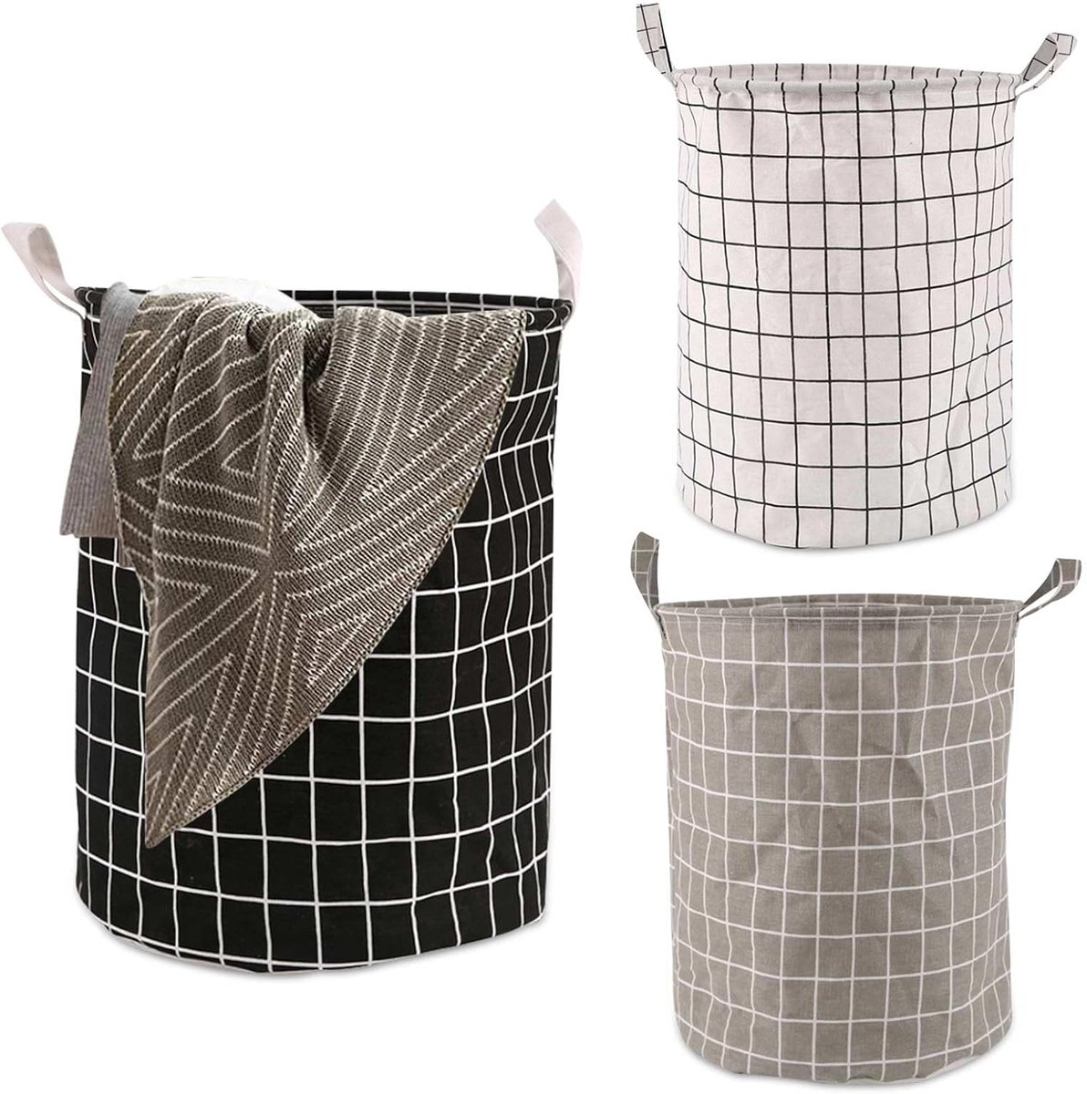 Katoenen Wasmand - Opvouwbaar - Handvat - 40 liter - Multifunctioneel - Slaapkamer Badkamer - 35 x 43,5 cm - Ronde - Set van 3