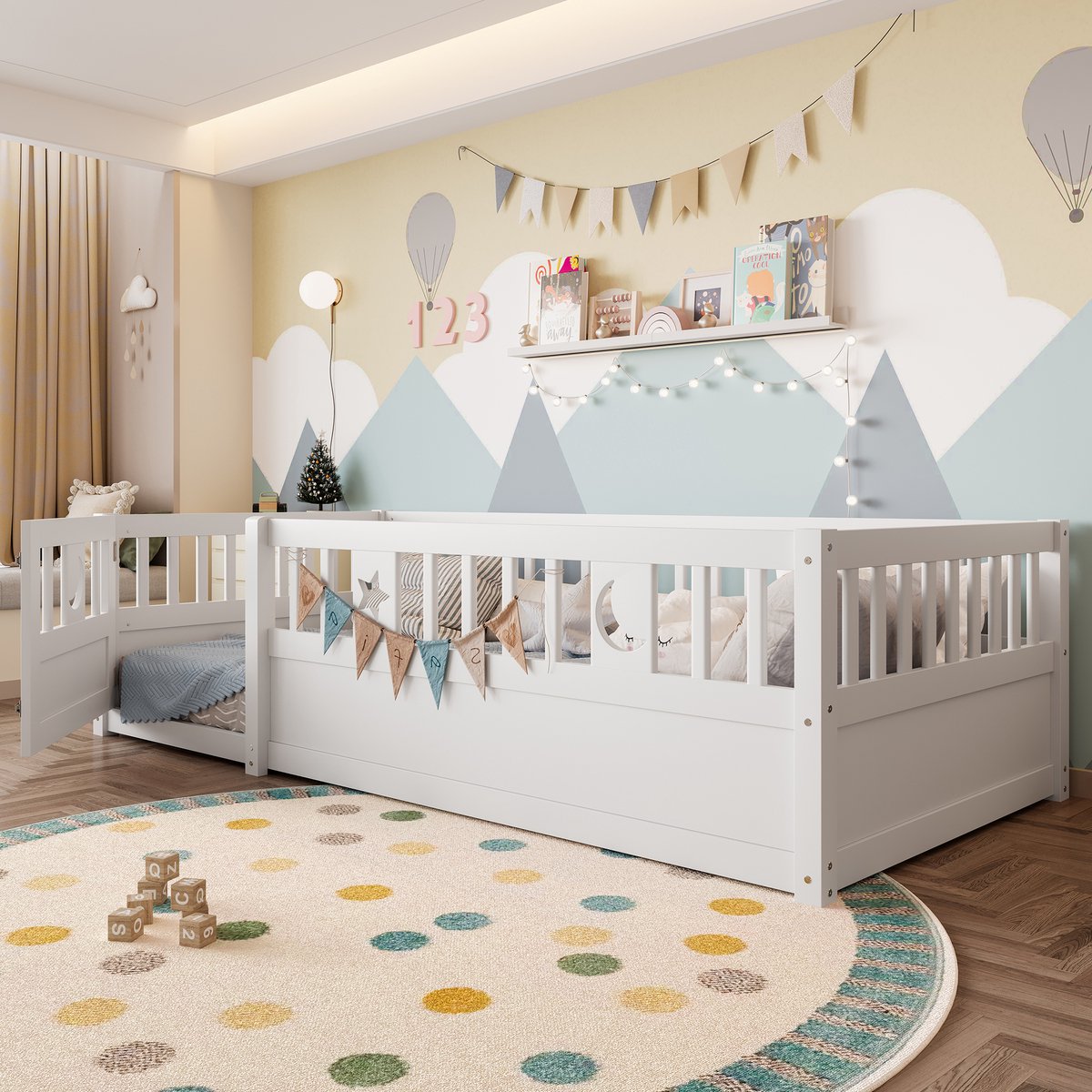 Clruro Kinderbed - 90x190 cm - met Veiligheidshekje en Sterrenmotief - Wit