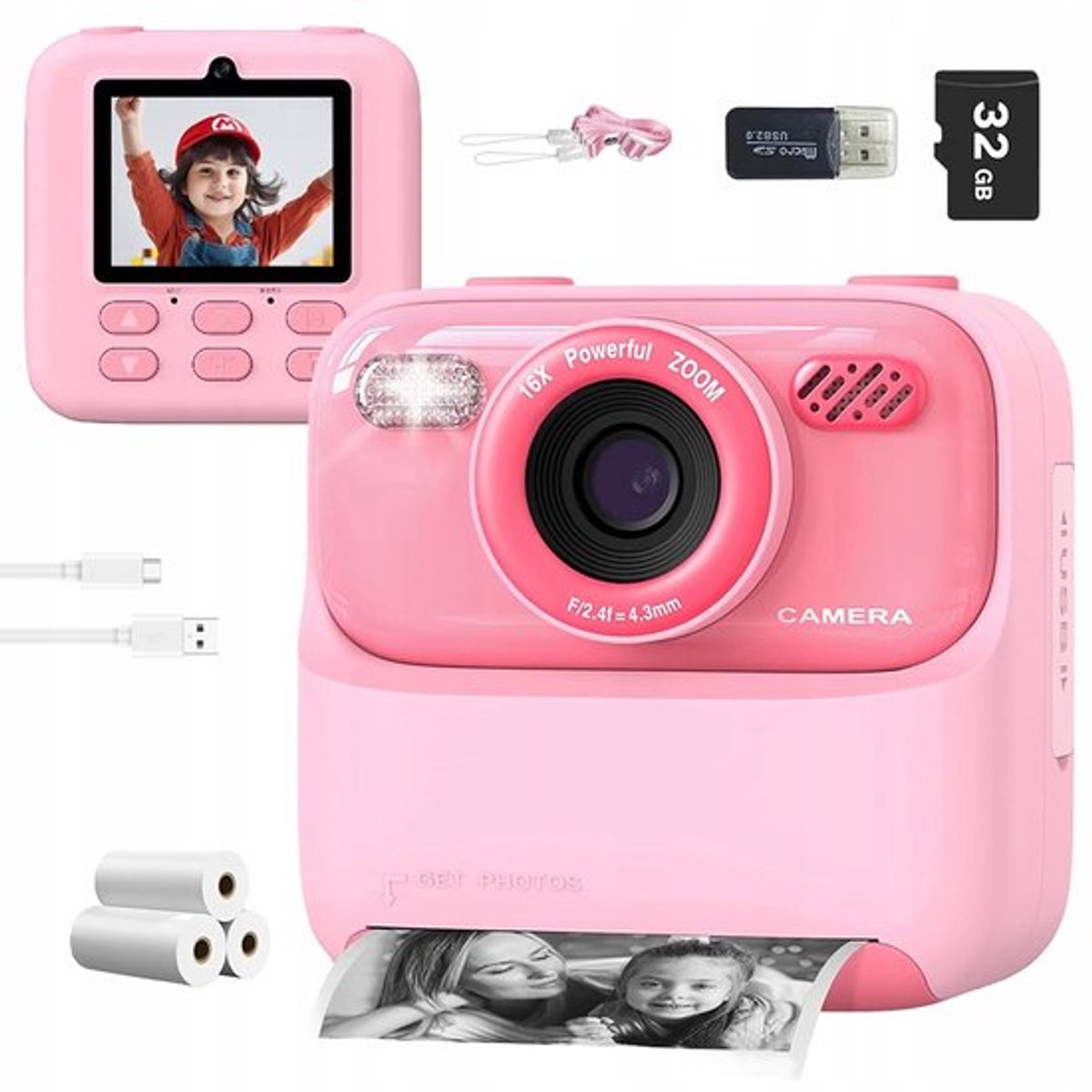 Kinderen-afdrukcamera - Multifunctionele digitale camera - Roze - Direct afdrukken