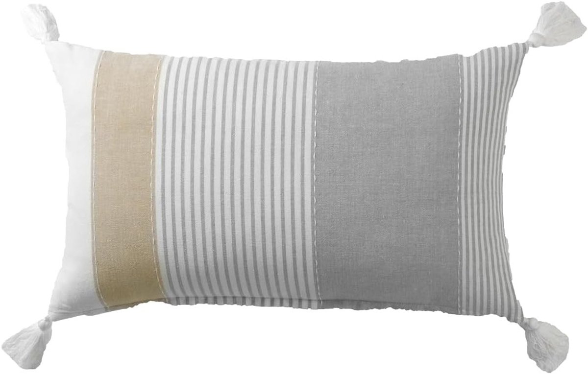 Decoratief Kussen 30 x 50 cm Gestreept Beige Wit Grijs met Vulling en Rits Sluiting voor Bank of Stoel