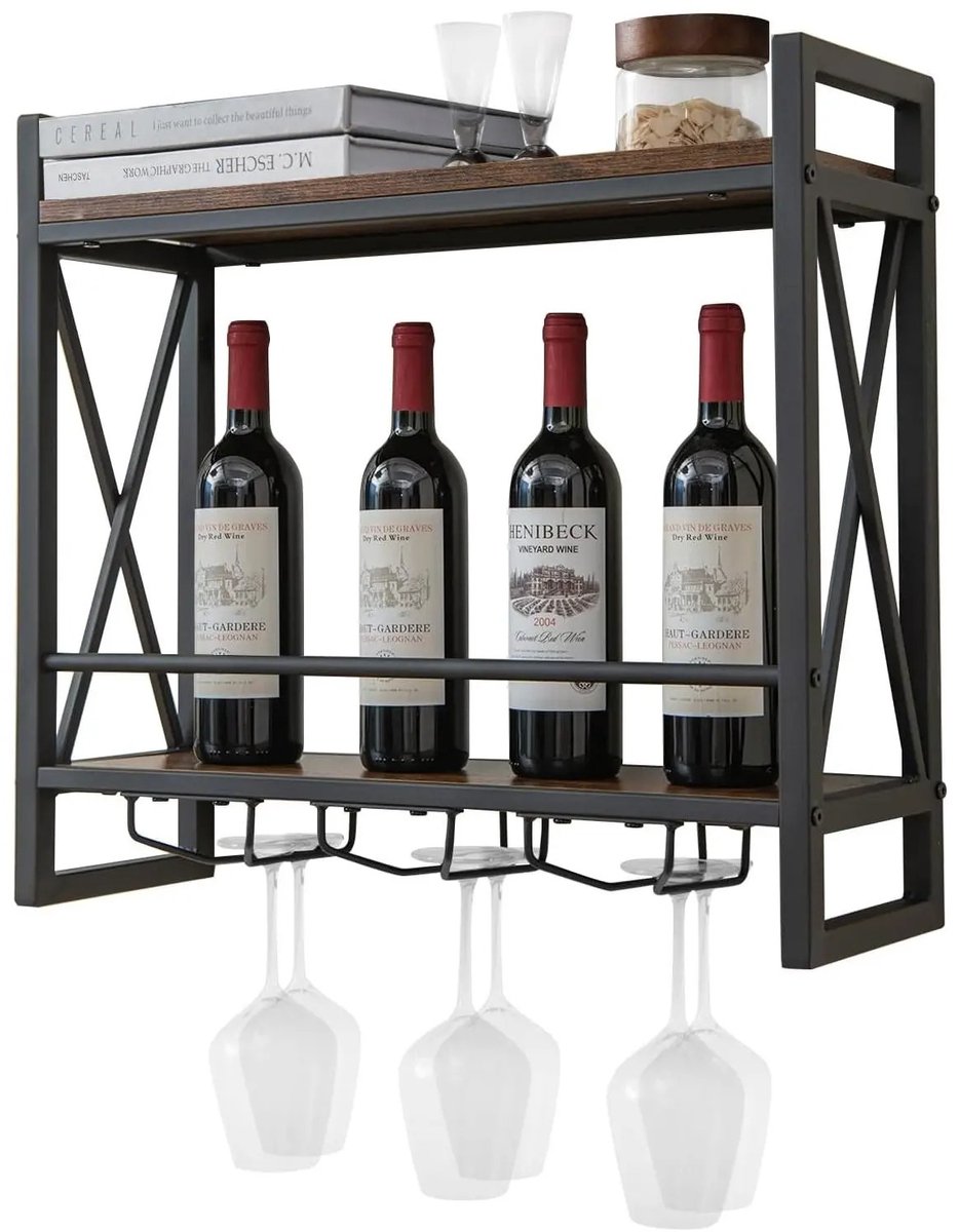 LabelOne Wijnrek - Wijnrek Muur - Wijnglazenhouder - Wandrek - 2 planken - geschikt voor 12 glazen - metalen frame - 60x20x55 cm