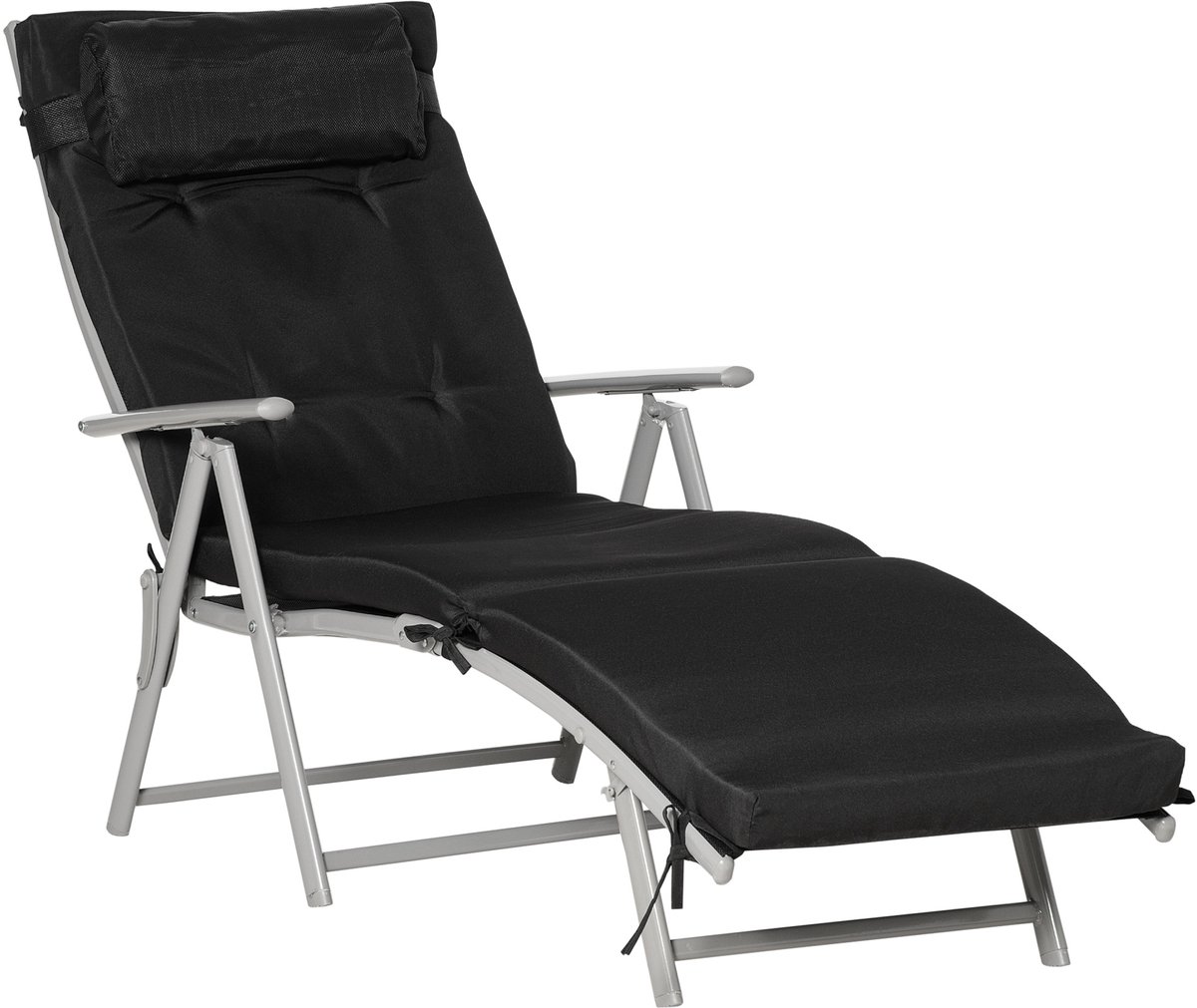 Opvouwbare strandstoel, 7 verstelbare posities, weerbestendig, met kussen, Textileline, polyester, metaal, 137 x 63,5 x 100,5 cm, zwart