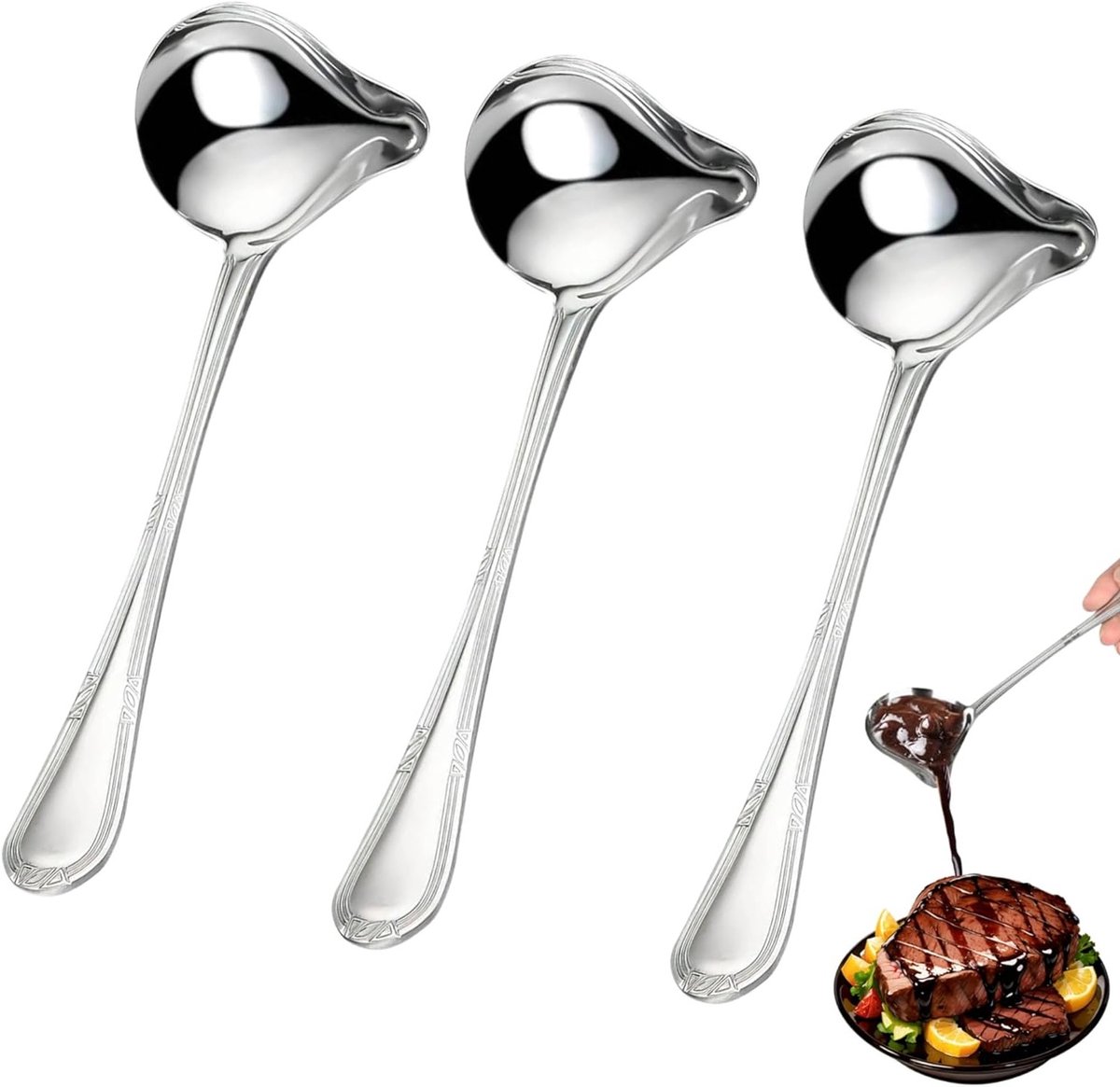 Set van 3 roestvrijstalen sauslepels met tuit, vaatwasserbestendig, ideaal voor sauzen, dressings en soepen