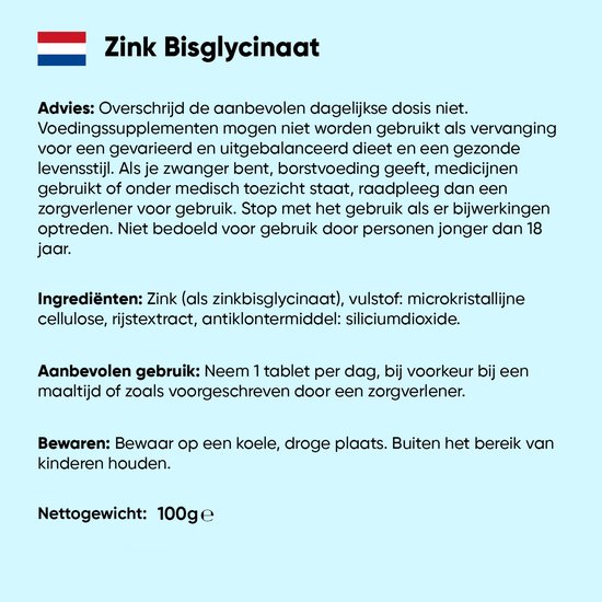 Informatie over Zink Bisglycinaat: advies, ingrediënten (zinkbisglycinaat, microkristallijne cellulose), gebruik (1 tablet per dag) en bewaren.