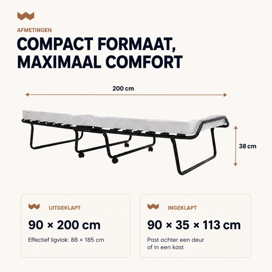 Troonz® Opklapbed One Deluxe 90x200 cm – Logeerbed | Eenpersoonsbed | Vouwbed met Matras & Lattenbodem | Incl. Beschermhoes