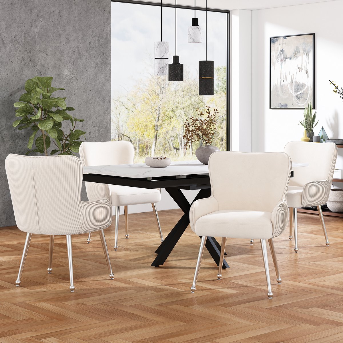 FloraGrace Eetkamerstoel – Luxe Verticaal Geplooid Design – Set Van 4 – Velvet – Beige – Met Armleuningen, Lendensteun En Metalen Poten