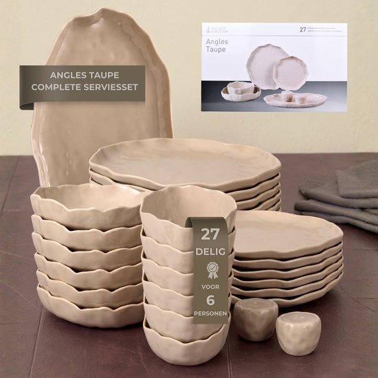 Compleet taupe servies voor 6 personen, bestaande uit 27 delen, met schalen en borden met golvende rand.