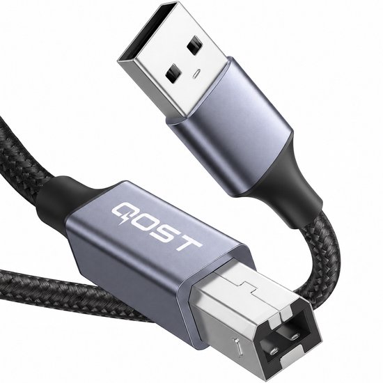 Câble USB-A vers USB B 2.0 tressé noir avec connecteurs gris.