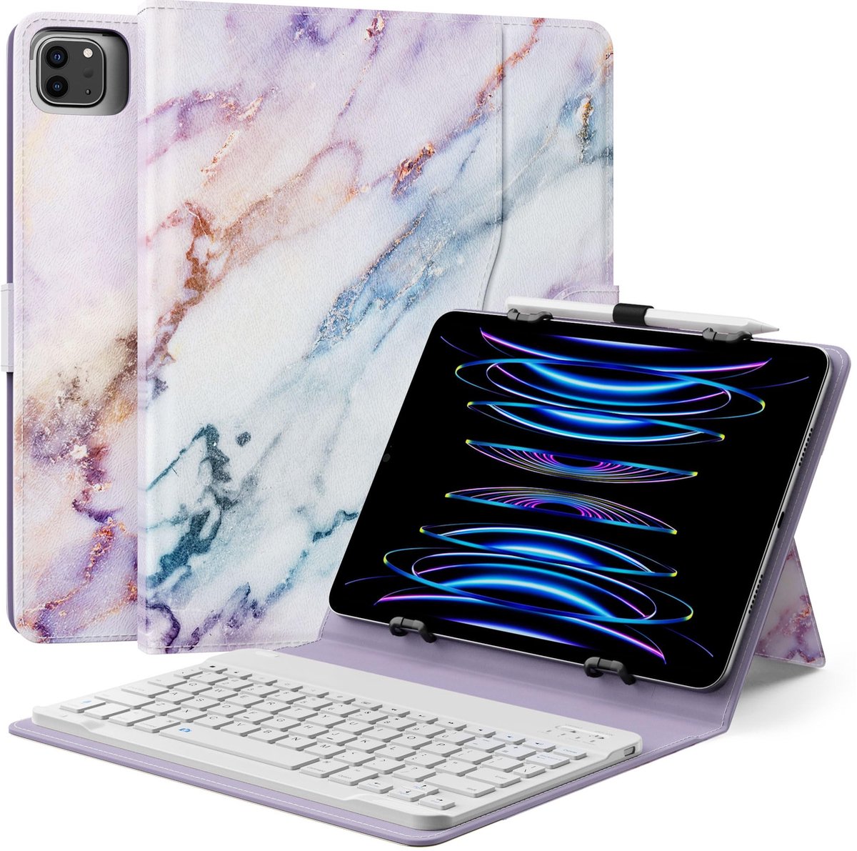 SPHProducts - Universele Tablet Case - Met Toetsenbord - Draagbaar en Stijlvol - Paars Marmer - Geschikt voor 9 tot 11 inch Tablets - Ideaal voo...