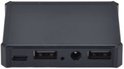 Zwart oplaadapparaat met twee USB-poorten aan de voorkant, een micro-USB-poort en een ronde DC-ingang.