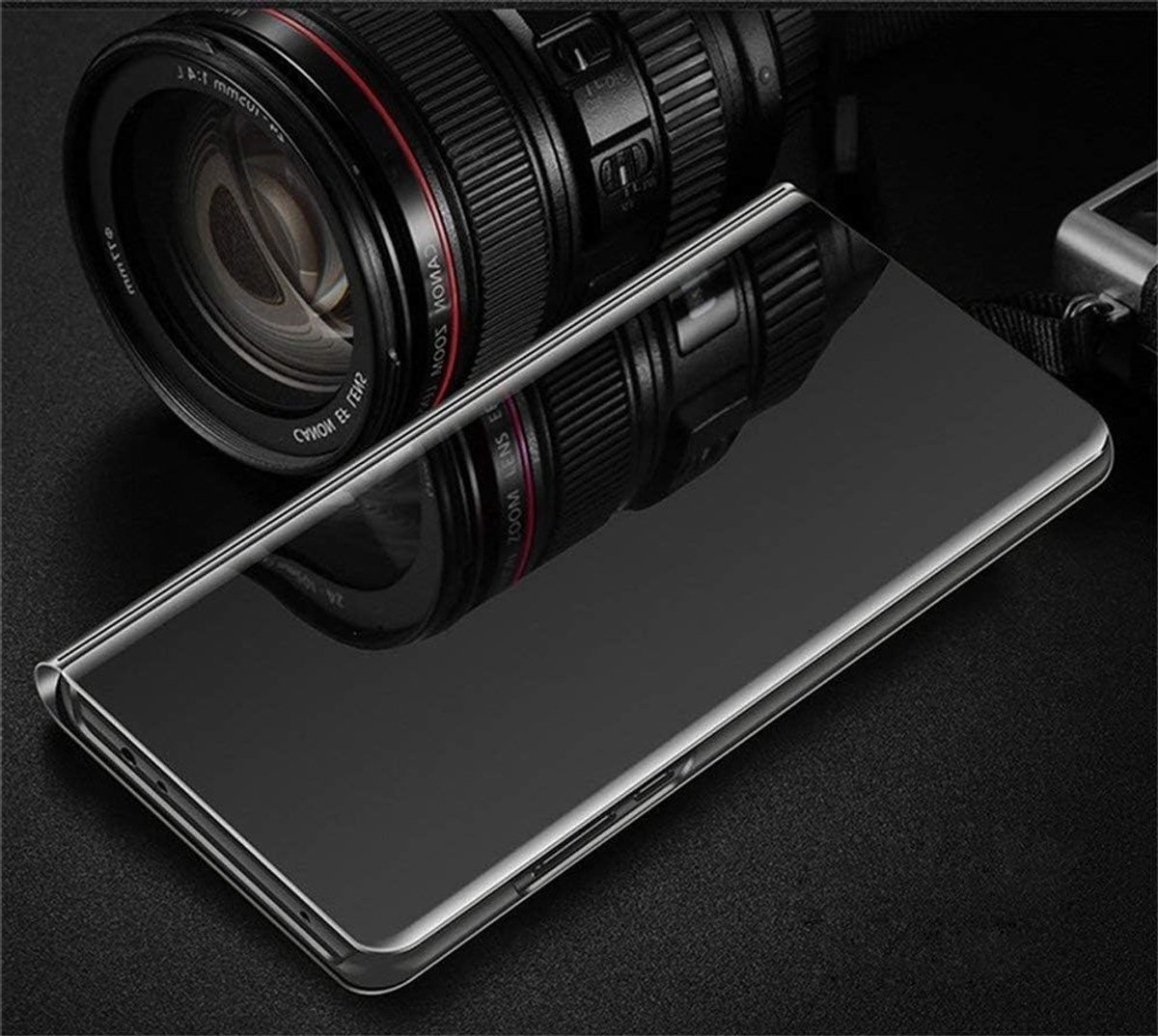 Duurzame en stijlvolle telefoonhoes met make-up spiegel voor Samsung Galaxy S26 - Flipcover van zacht PU-leer en hard PC met kickstand in roségoud.