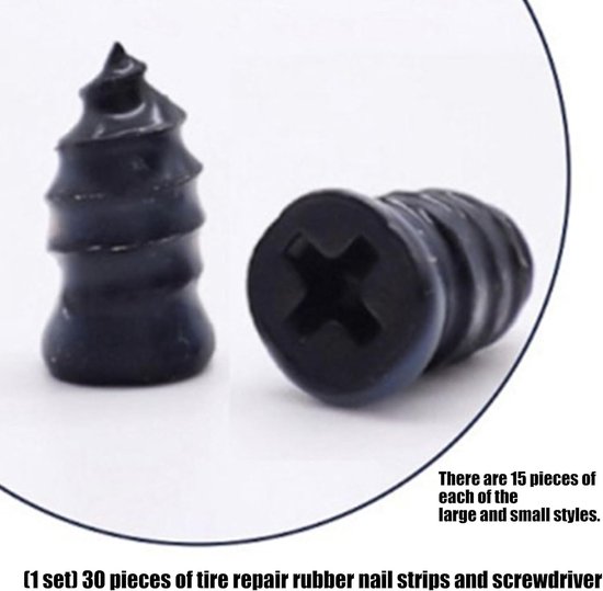 Bandenreparatieset - Platte banden reparatie - Onderweg repareren - 30 stuks rubberen nagels - 15 kleine + 15 grote - Zwart — afbeelding 3