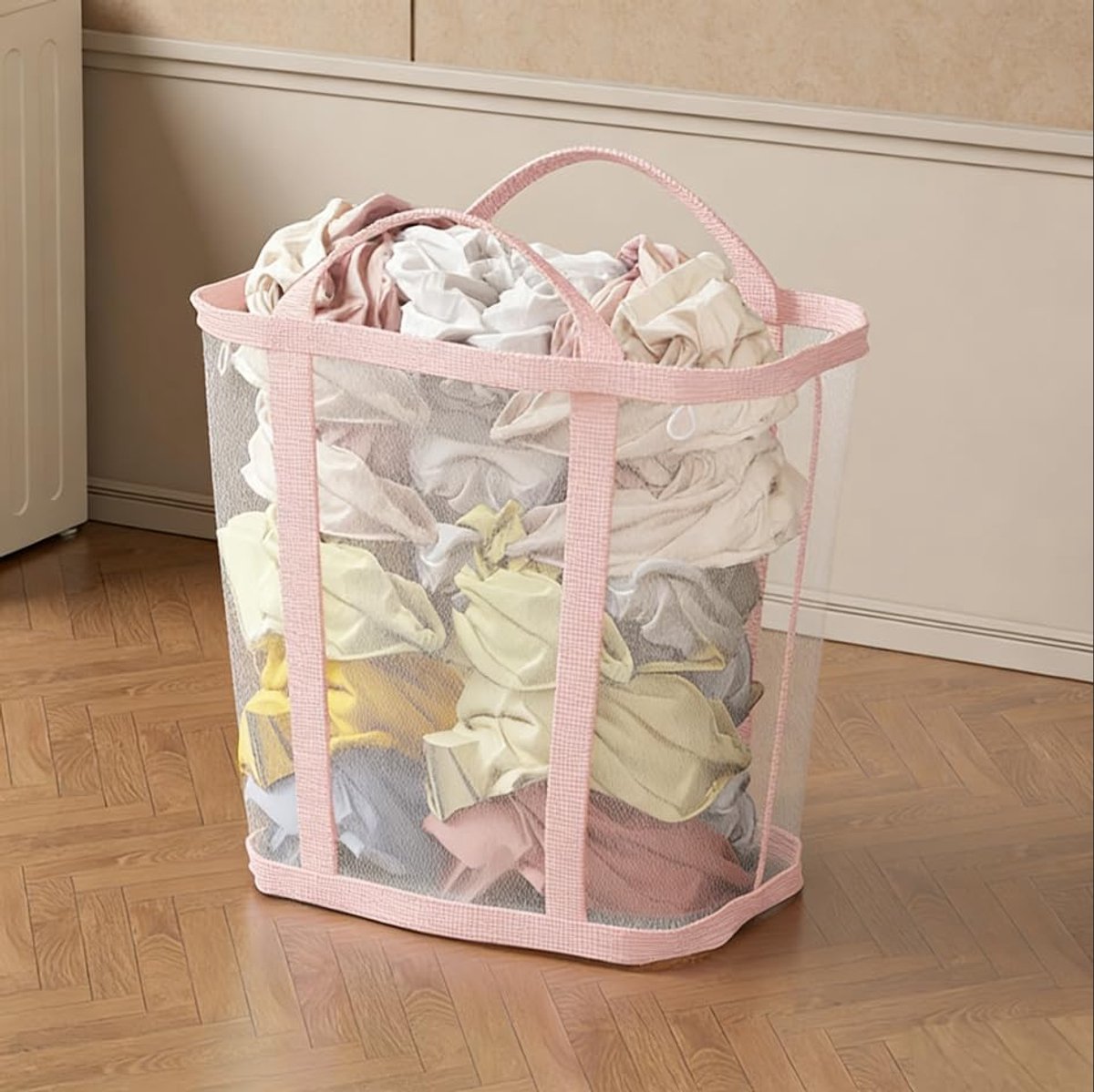 [35 X 22 X 37 Cm] Grote, Roze, Opvouwbare Wasmand Van Gaas — Ademende Opbergmand Voor Kleding, Ideaal Voor De Was, Badkamers, Studentenkamers Of Op Reis