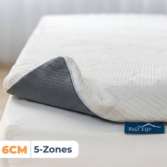 Surmatelas blanc avec bordure grise, épaisseur 6 cm et 5 zones. Logo Best Life.