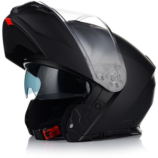 Matzwarte Vito Prato helm met omhoog geklapt kinstuk en vizier, helder en getint binnenvizier.