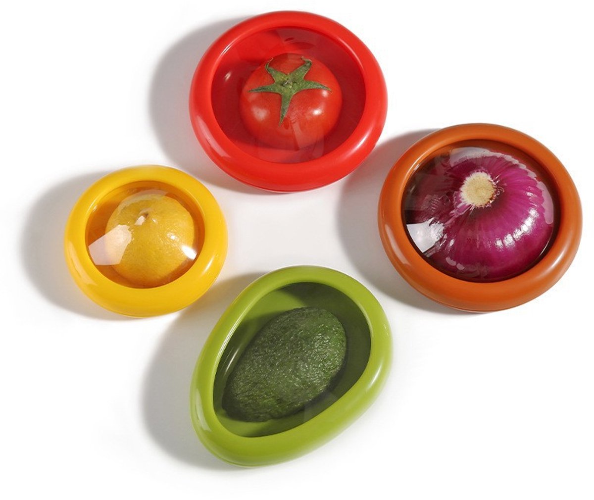 Set van 4 siliconen bewaardozen voor fruit en groenten in de koelkast: bewaardoos voor uien, bewaardoos voor avocado's, bewaardoos voor tomaten en bewaardoos voor citroenen.