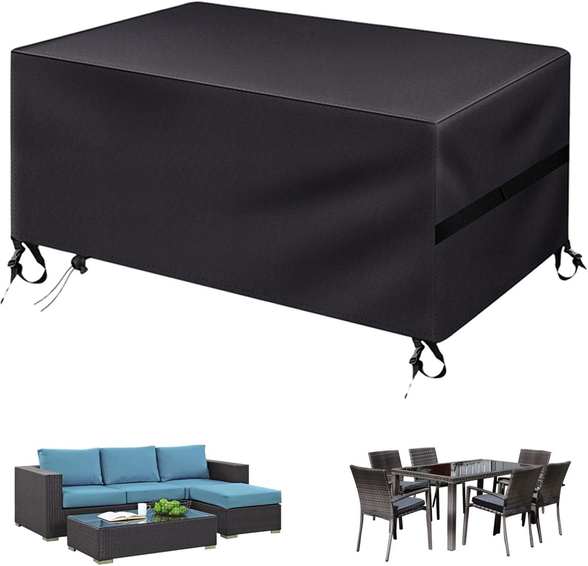Famanu Waterdichte tuinmeubelhoes - 180 x 120 x 74 cm rechthoekige outdoor 4-6-zits patio rotan tafel en stoel set hoezen - 600D robuuste bescherming voor buitenbank Zwart