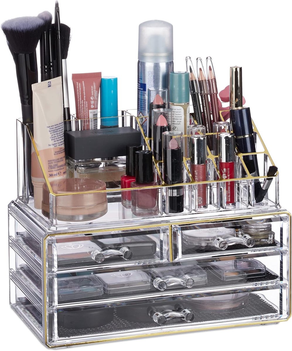 Famanu – Make-up organizer met 4 laden en 20 vakken, tweedelige cosmetica opbergdoos, transparant met goudaccent