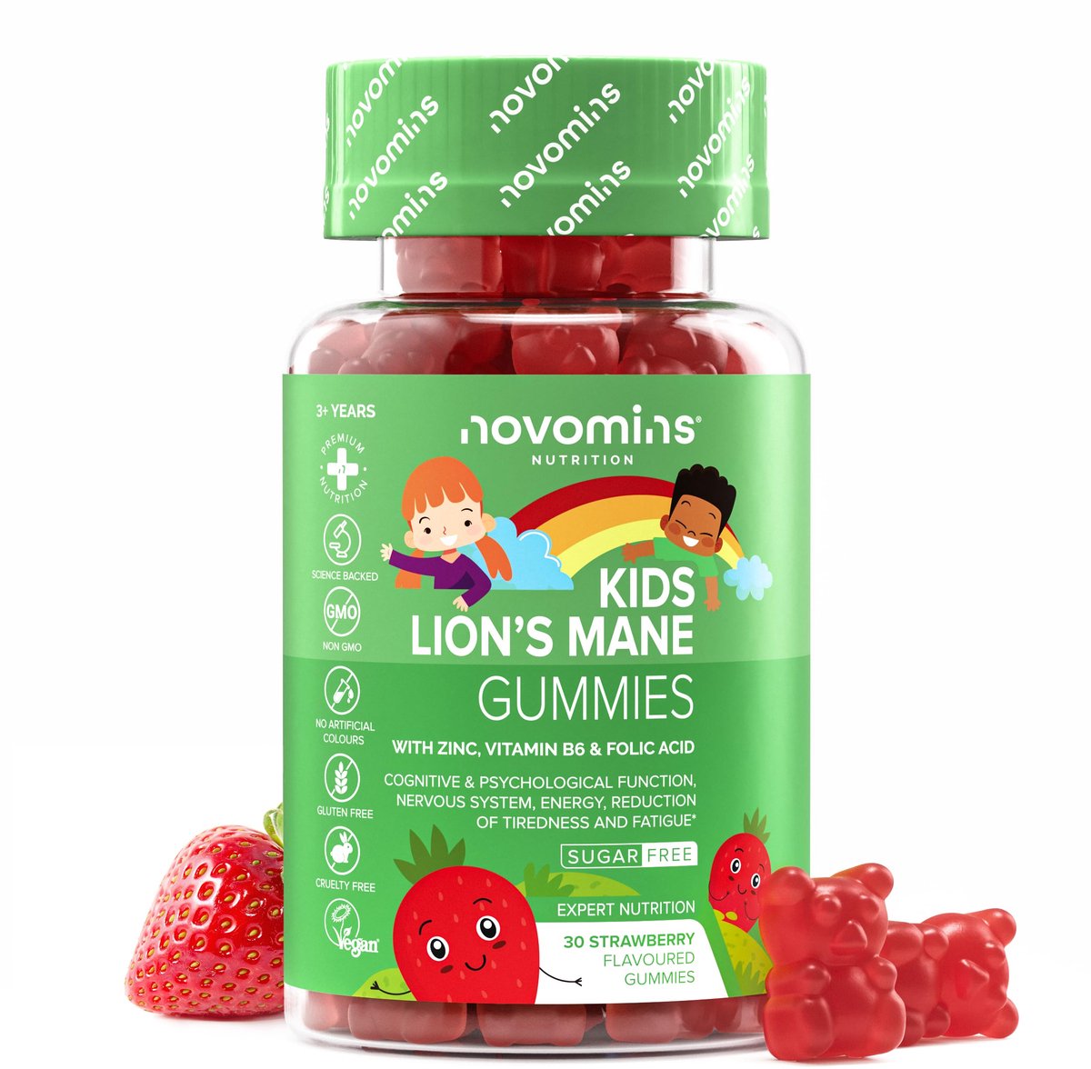 Kinder Lion's Mane 1000 mg, met Zink & Vitamine B6, 30 Gummies, Suikervrij, Vegan, Halal, Getest door Eurofins, Novomins
