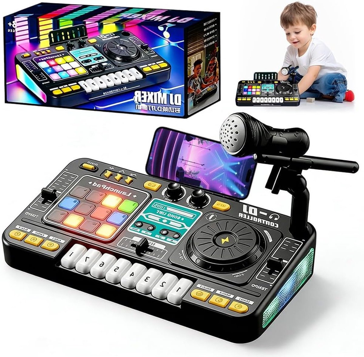 DJ Mixer voor Kinderen met Microfoon, Draagbaar DJ Station, Bluetooth Verbinding, 100+ Geluidseffecten en Lichtgradient voor Beginners van 3-12 Jaar, Perfect voor Feesten en Creatieve Spelletjes