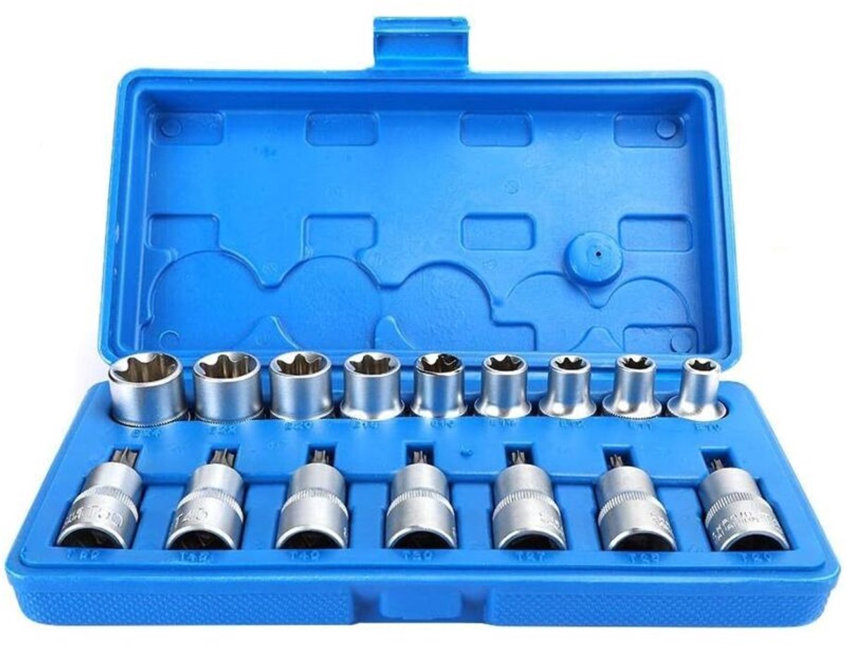 Set van 16 hoogwaardige zeskantige stalen hulzen van 1/2 inch.