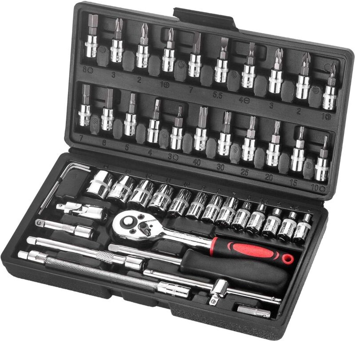 46-delige 1/4-inch premium stalen doppenset, inclusief applicator en opbergdoos, geschikt voor auto- en doe-het-zelfgereedschap.