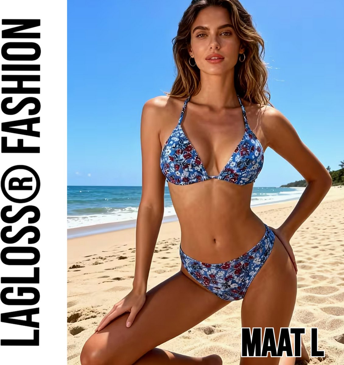 LaGloss® 2-Delige Bikini Set Blauwe Bloemen Dames – Triangel Halter Badpak – Zomermode – Beach Fashion – Maat L