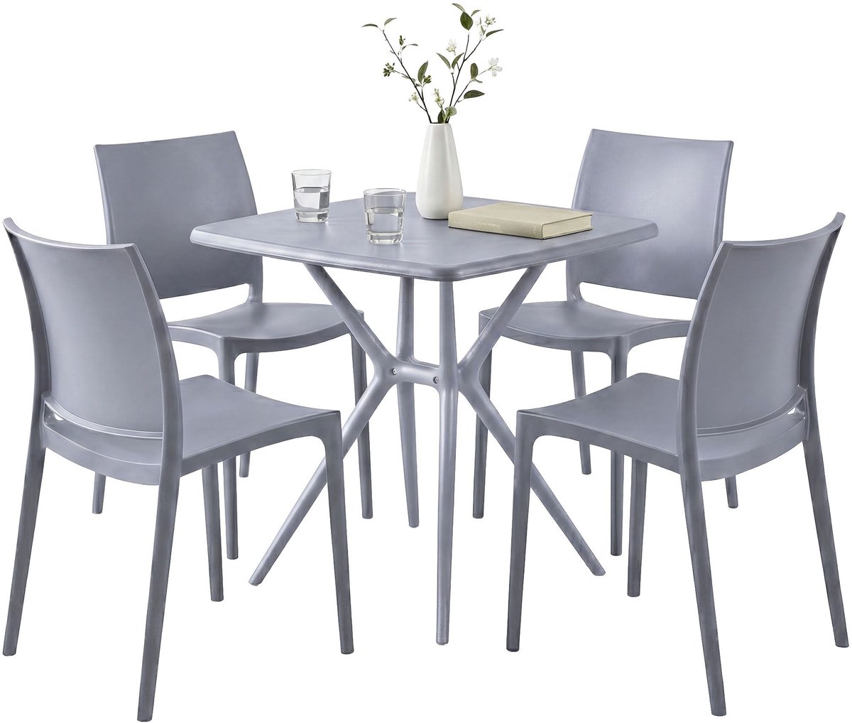 CLP Amino Tuinmeubelset - stapelbaar - 4 stoelen - tafel - weerbestendige - balkonset - voor tuin, balkon en terras - grijs