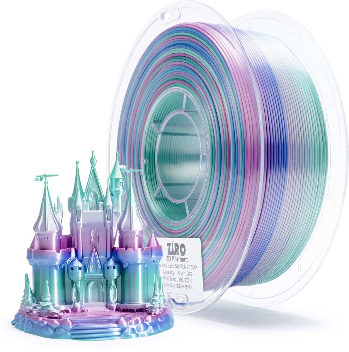 ZIRO Silk PLA Filament 1.75mm – 1KG – Aqua Sky – Betoverende Glanzende Pastel Regenboogoverloop – 3D Printer Filament