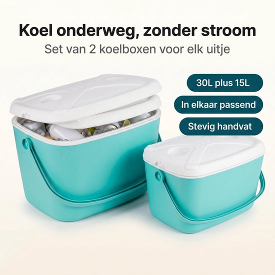 Lomera Koelbox Set van 2 - Koeltas - Kunststof Koelbox - Draagbare Koelbox met Handvat en Deksel - Voor Camping, Picknick en Strand - Mini Koelbox - Compacte Coolbox - In Elkaar Passend voor Onderweg, Auto, Tuin en Festival van Lomera — afbeelding 2