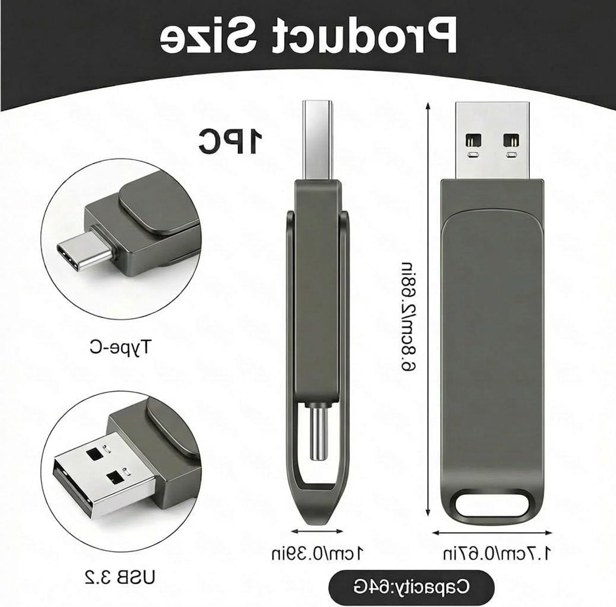 USB Stick - Geheugenstick - Bestanden Overzetten - Dubbele Aansluiting - 64 GB - Zwart