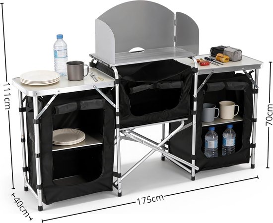 Kampeerkeuken - Opvouwbaar meubel - Buiten koken - Met windscherm - 175x40x111cm - Zwart — afbeelding 5