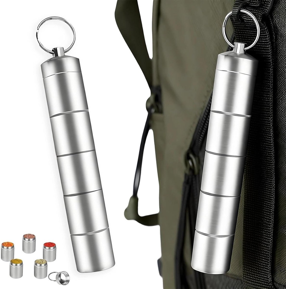 5-in-1 kruidenstrooier voor camping, mini kruidenpotjes, draagbare kruiden set voor buiten, BBQ, picknick en koken in de keuken.