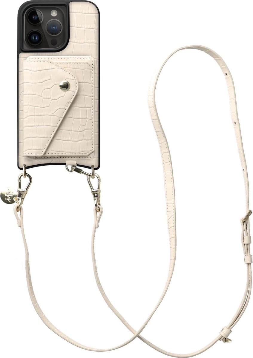 AVY Leren Hoesje geschikt voor Apple iPhone 15 Pro | Met Koord en Kaarthouder | Compatibel met MagSafe | Leather Case met Crossbody Koord & Wallet | Long Leather | Croco Beige