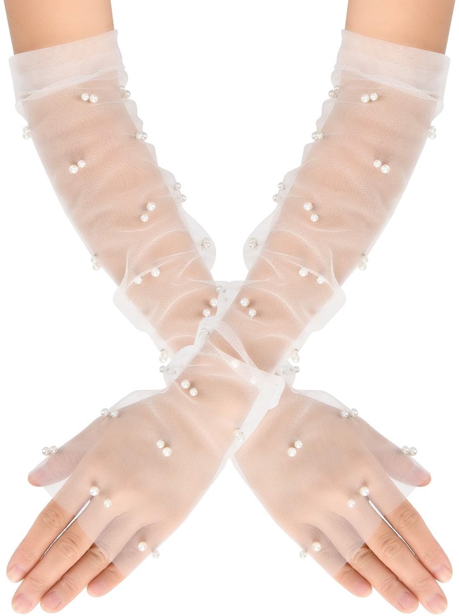 Solidchoice - Dailygoody - Vingerloze handschoenen - Transparante tule handschoenen - Bruiloft en cosplay - Witte lange handschoenen - Stijlvol en elegant - Ge