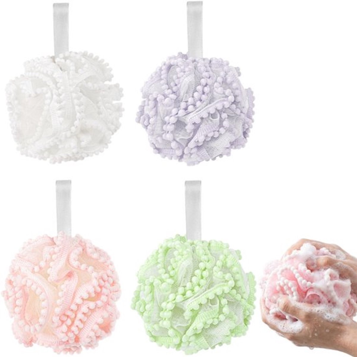 4 Stuks - Douche Puff - Douche spons - Scrubbing Spons - Douchespons - Schuimende netto rugscrubbal -douche-luffa's - mesh-poef lichaam - Wit, roze, groen en paars – 13 x 13 cm - Voor Het Reinigen Van Lichaam & Exfoliërende Scrubber