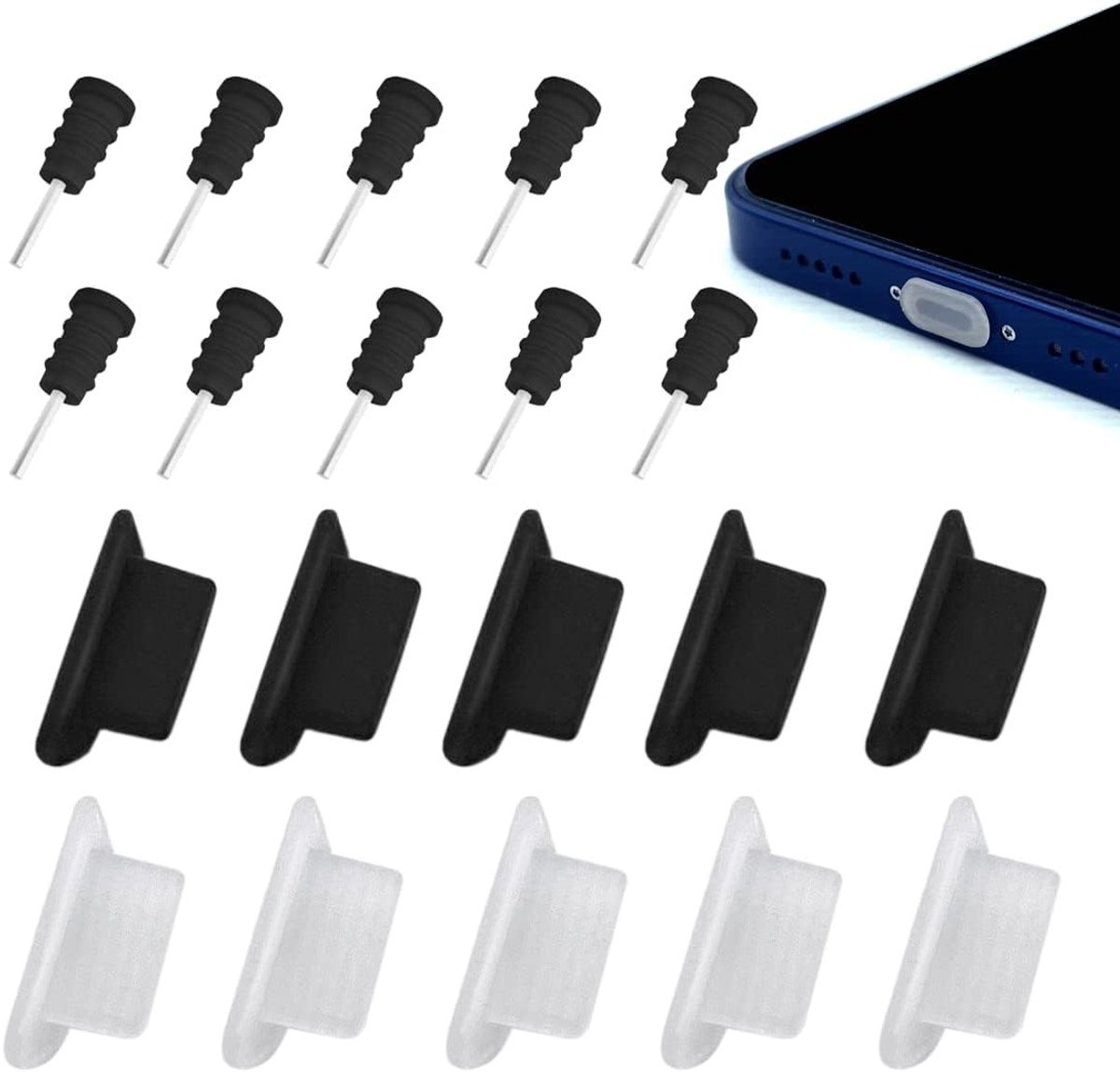 Set van 10 Paar Stofpluggen voor iPhone en iPad, Silicone Anti-Stof Caps voor Oplaadpoort en Koptelefoonaansluiting, Bescherming tegen Stof en Vuil