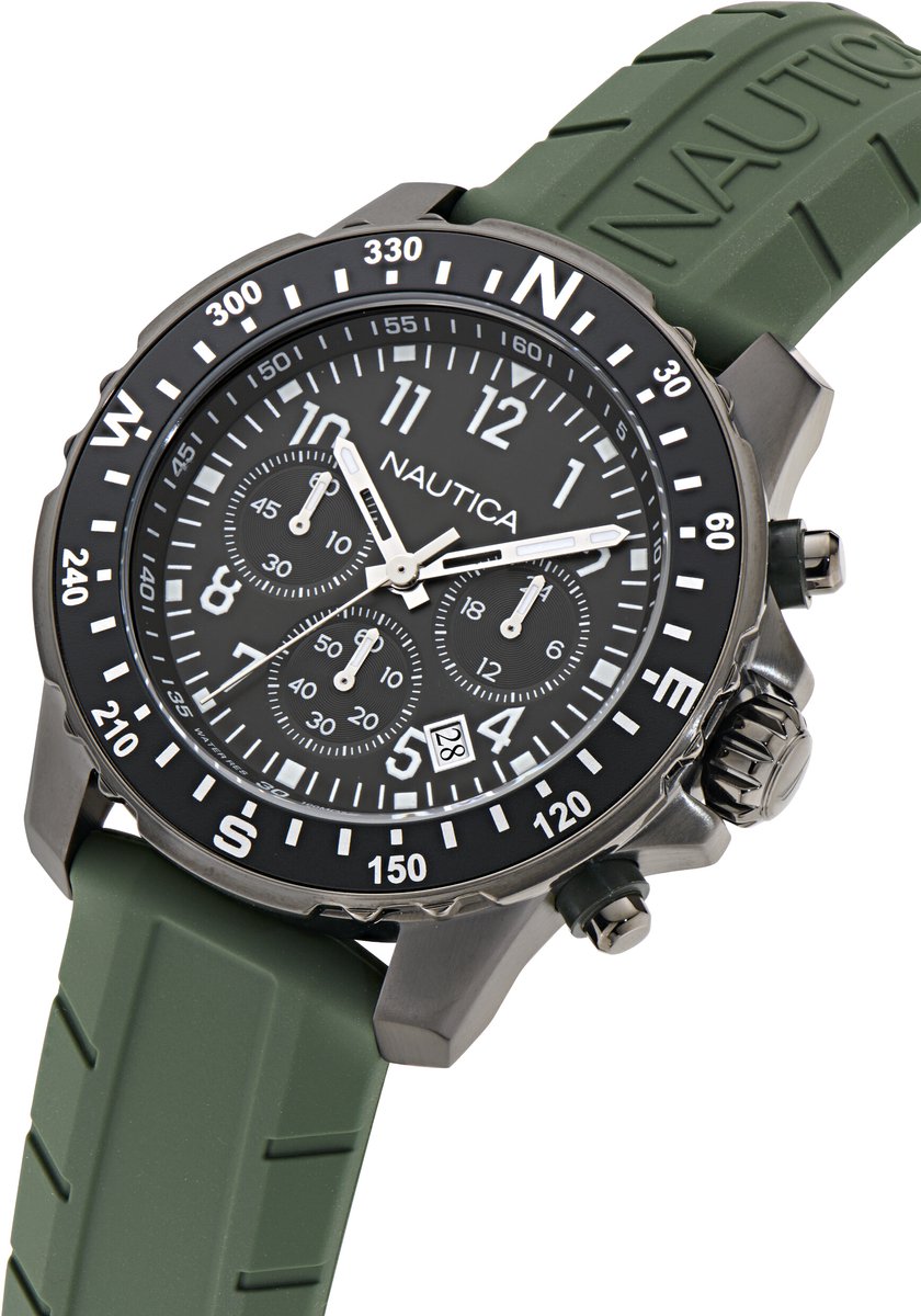 Nautica Riding Sail Quartz Analoog Horloge Groen Kast: 100% Roestvrij Staal | Armband: 100% Siliconen 45 mm NAPRSS601, NAPRSS602, NAPRSS604
