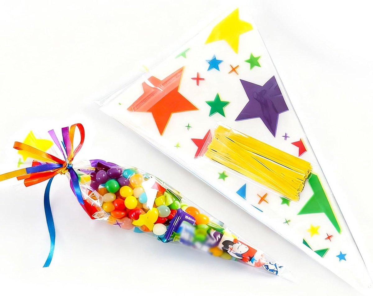 Transparante cellofaan zakjes met sterren en goudkleurige linten voor snoep, koekjes en feestsnacks - 100 stuks cadeauverpakking
