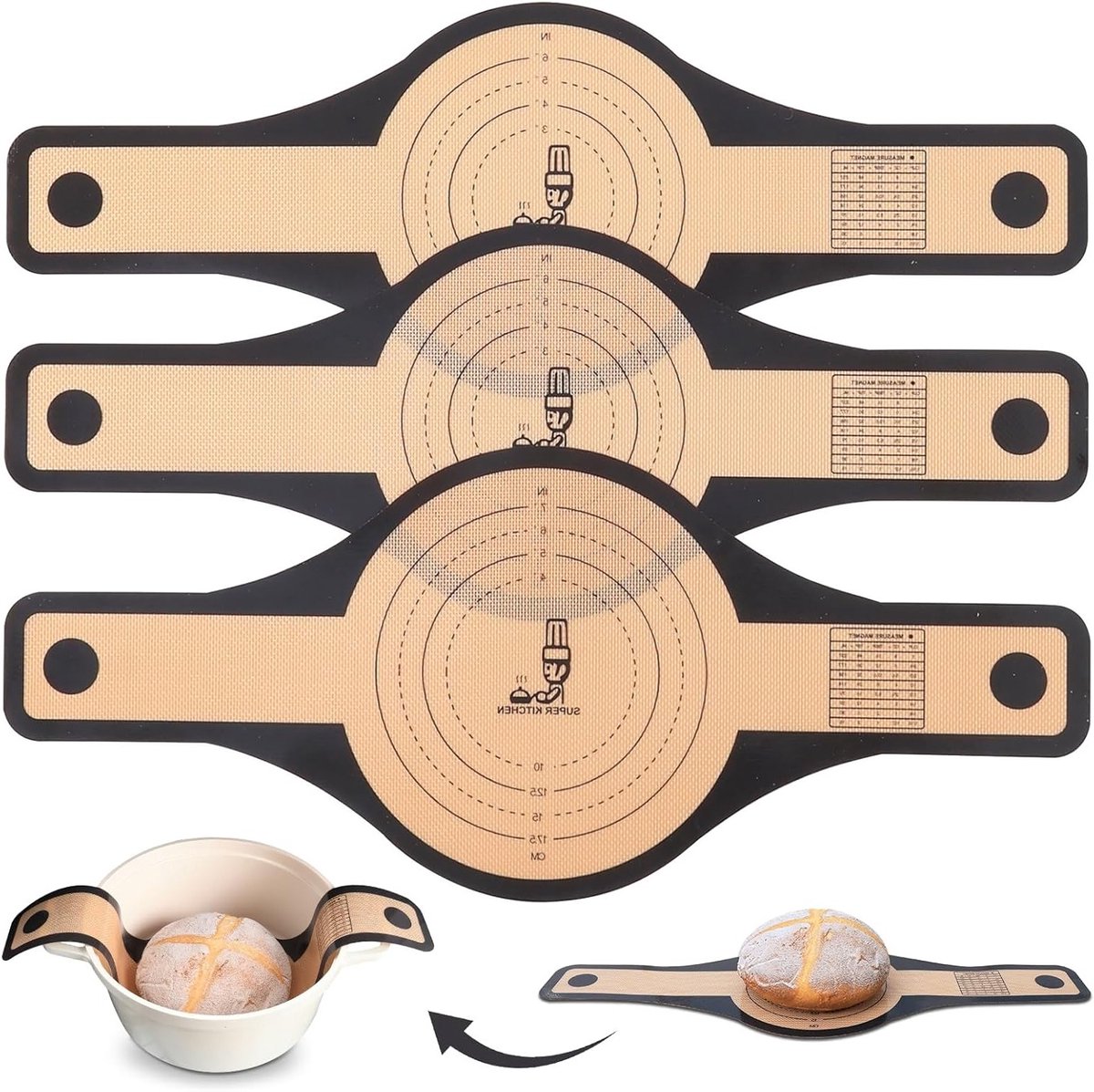 Siliconen Brood Garland voor Dutch Oven - 3 Stuks, 24cm & 21cm, Extra Breed met Lange Handgreep, Antiaanbak Sourdough Deegmat voor Bakken