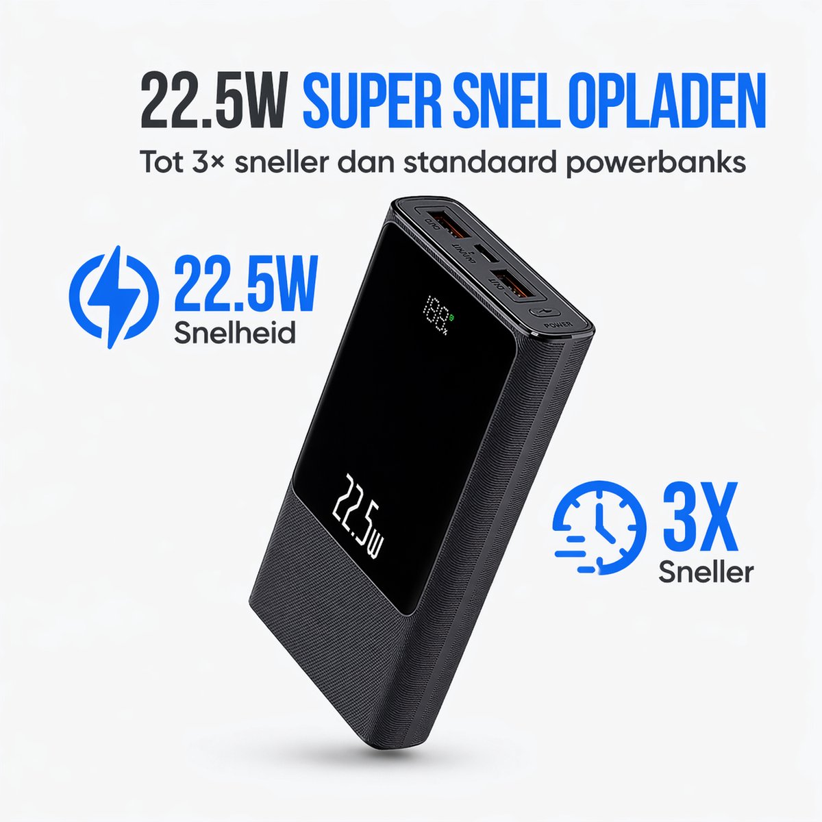 Powerbank 30.000 mAh – Snellader 22.5W – USB-C – Noodpakket – Geschikt voor Telefoon, Tablet – NL Handleiding — afbeelding 7