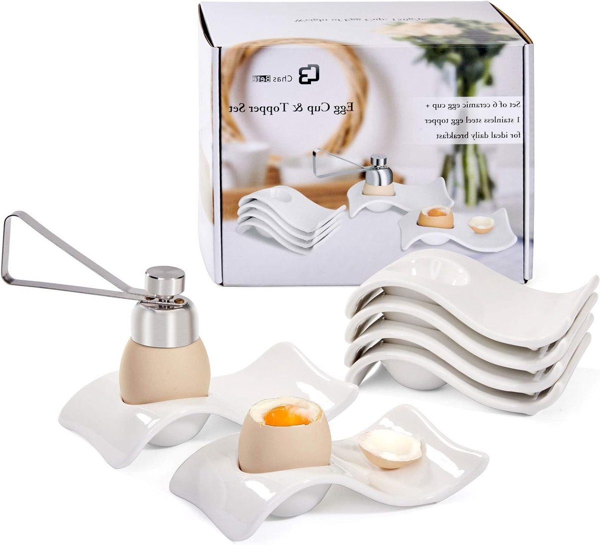 Set van 6 keramische eierdoppen met eierkoker, ideaal voor ontbijt en brunch, wit decor