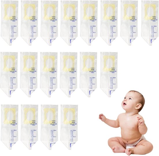 Achttien 100ml urinezakken voor baby's, ontworpen voor kinderen. Een baby kijkt omhoog, met de zakken op de achtergrond.
