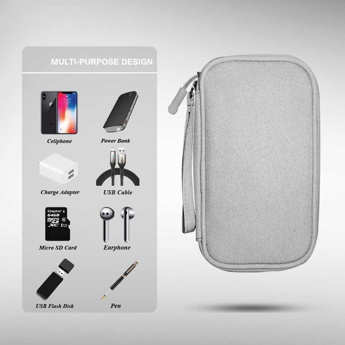 Organizer voor datakabels - Oplader organizer - Organizer voor elektronica - Multifunctionele organizer - Draagbare organizer - 21x12,5x6 cm - Verdikte stof - Vakjesindeling - Geschikt voor oordopjes, powerbank, USB-harde schijf, SD-kaart - Grijs – foto 7